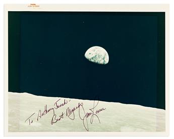 (ASTRONAUTS--APOLLO.) Three color Photographs Signed and Inscribed, by 7 members of the prime crews of Apollo 8, 10, and 12.